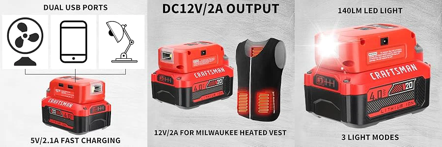 Battery Adapter for Craftsman V20 Battery USB Phone Charger Led Work Light with