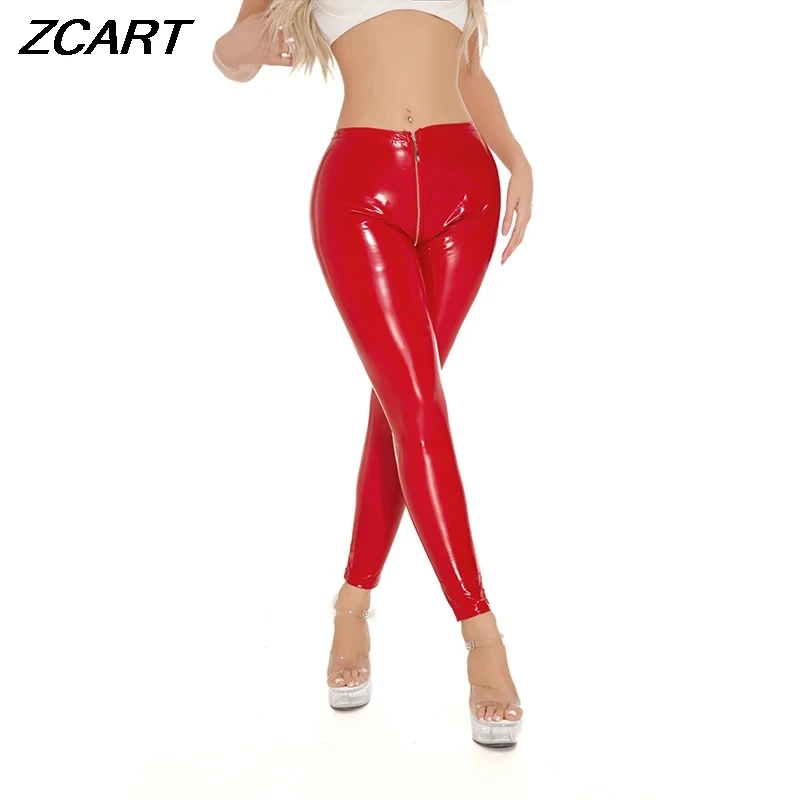 Sexy Women Shiny Faux Leather Pants Wetlook Latex PU Zipper Open Crotch Pants Female Red Black Long Trousers Clubwear