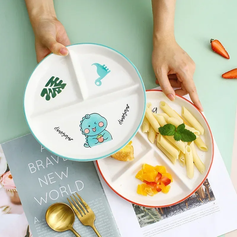 Divider Plate Ceramic Dish Serving Platter Children's Tableware Cartoon Ceramic Grid Plate One Person Breakfast Bowl