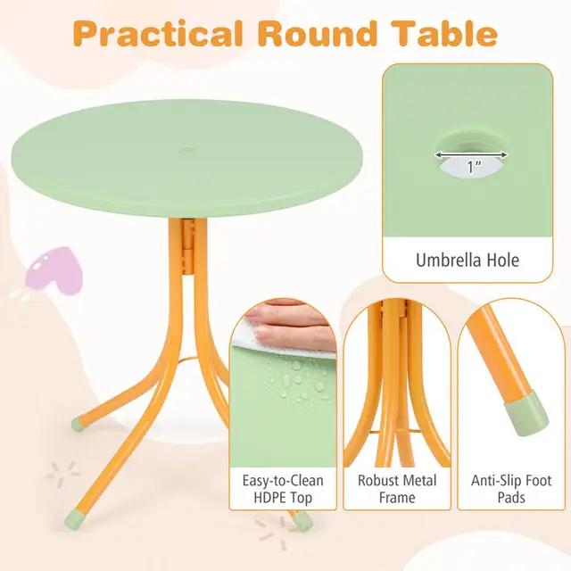Kids Outdoor Table and Chair Set with 2 Folding Chairs and Height Adjustable Umbrella-Yellow