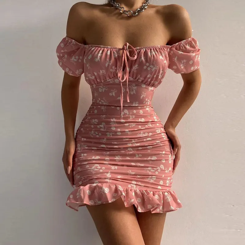 

2022 Women's One-shoulder Trim Waist Backless Fungus Sexy Floral Dress