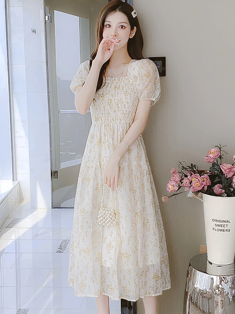 Summer Floral Women Dress Midi Elegant Slim One Piece Korean Fashion Dresses  New