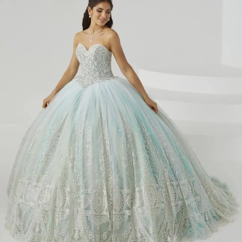 

Mint Pink Ball Gown Quinceanera Dress 2024 Strapless Sweetheart Appliques Crystals Beading Sweet 16 Party