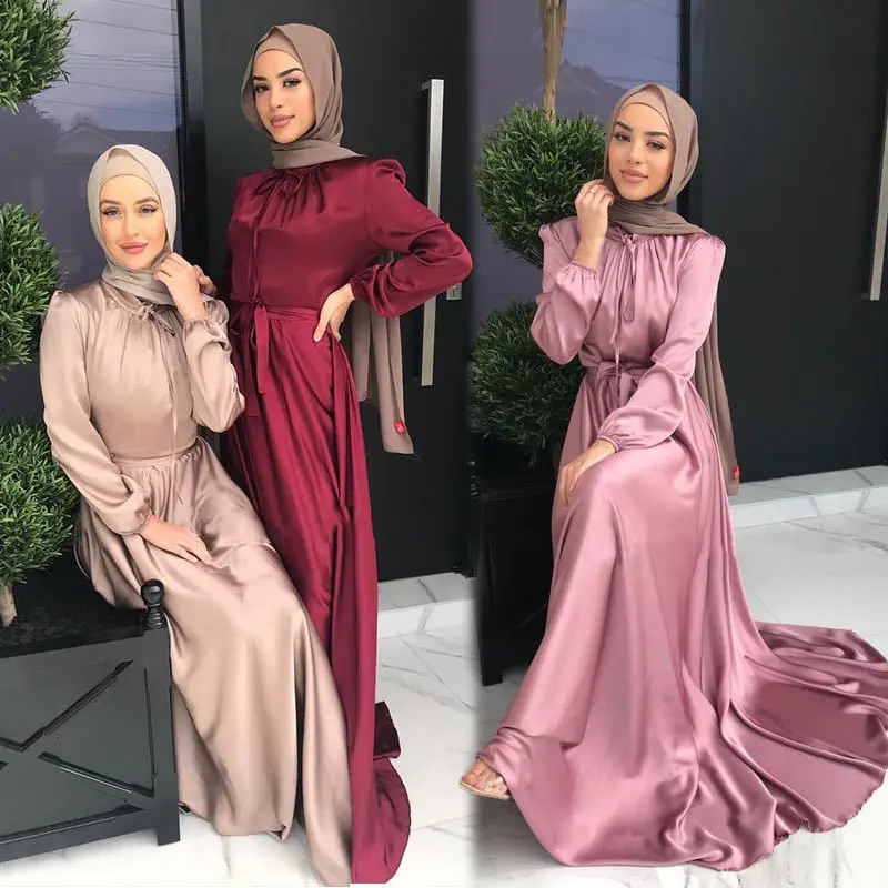 

2023 New Muslim Ladies Dress Middle Eastern Robe Gown Satin Swing Long Skirt Jilbab Abaya Solid Color Soft Full Cover Gown Robe