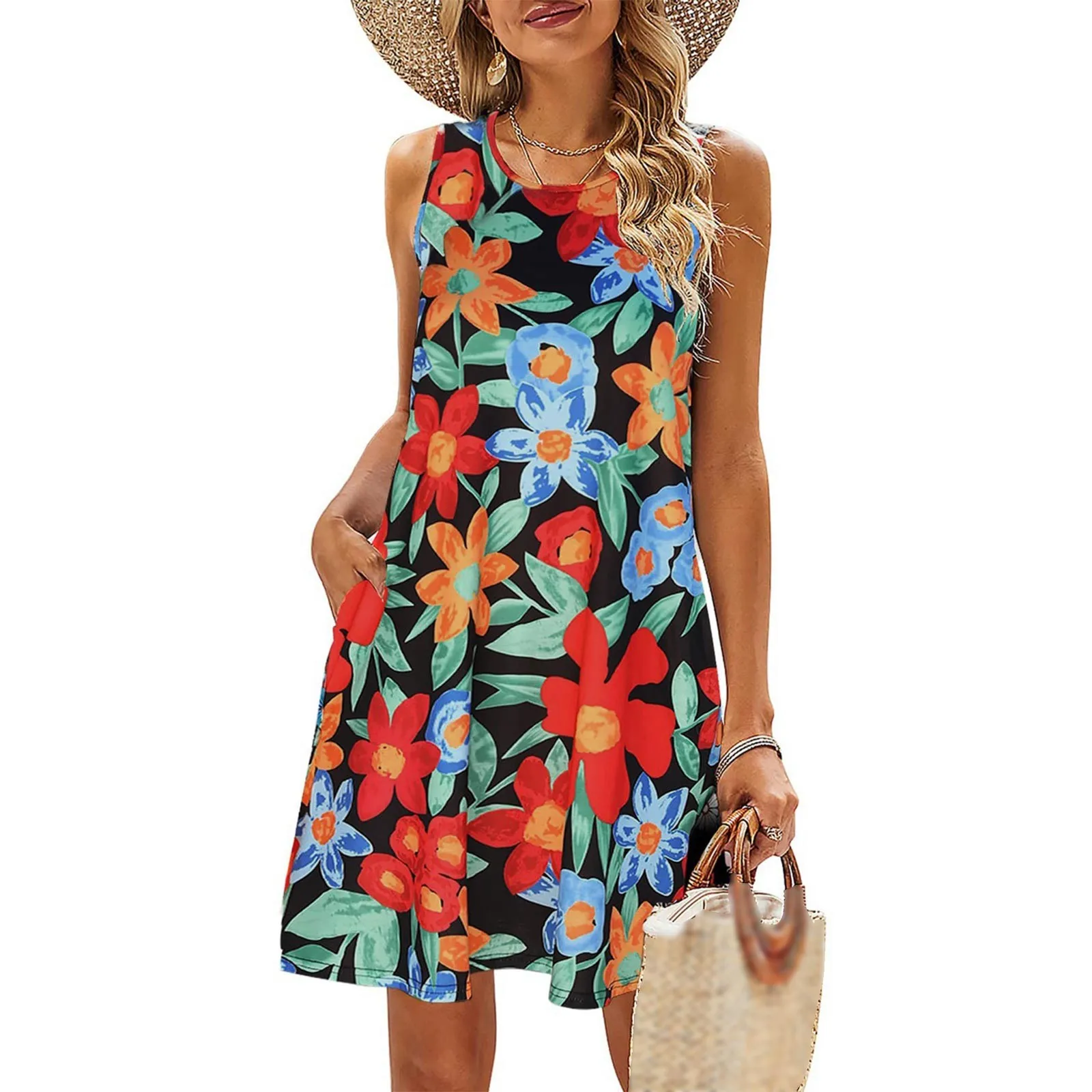 

Платье женское на бретельках с круглым вырезом и принтом в богемном стиле