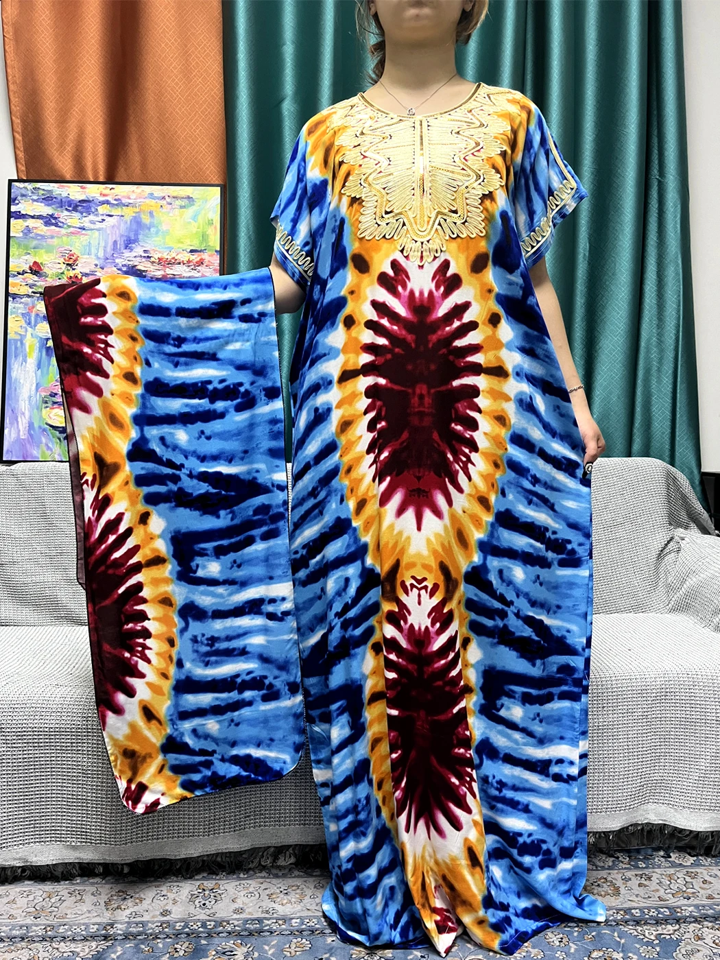 Muslim Printed Abayas For Women 2024 Dubai New Cotton Short SLeeves Appliques Loose Femme Robe African Islam Dresses With Hijabs