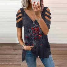  2021 Autumn New Angel Wing Print Short Sleeve Tops Vintage V Neck Zipper Pullover Shirt Casual Loose Women's T-Shirt 