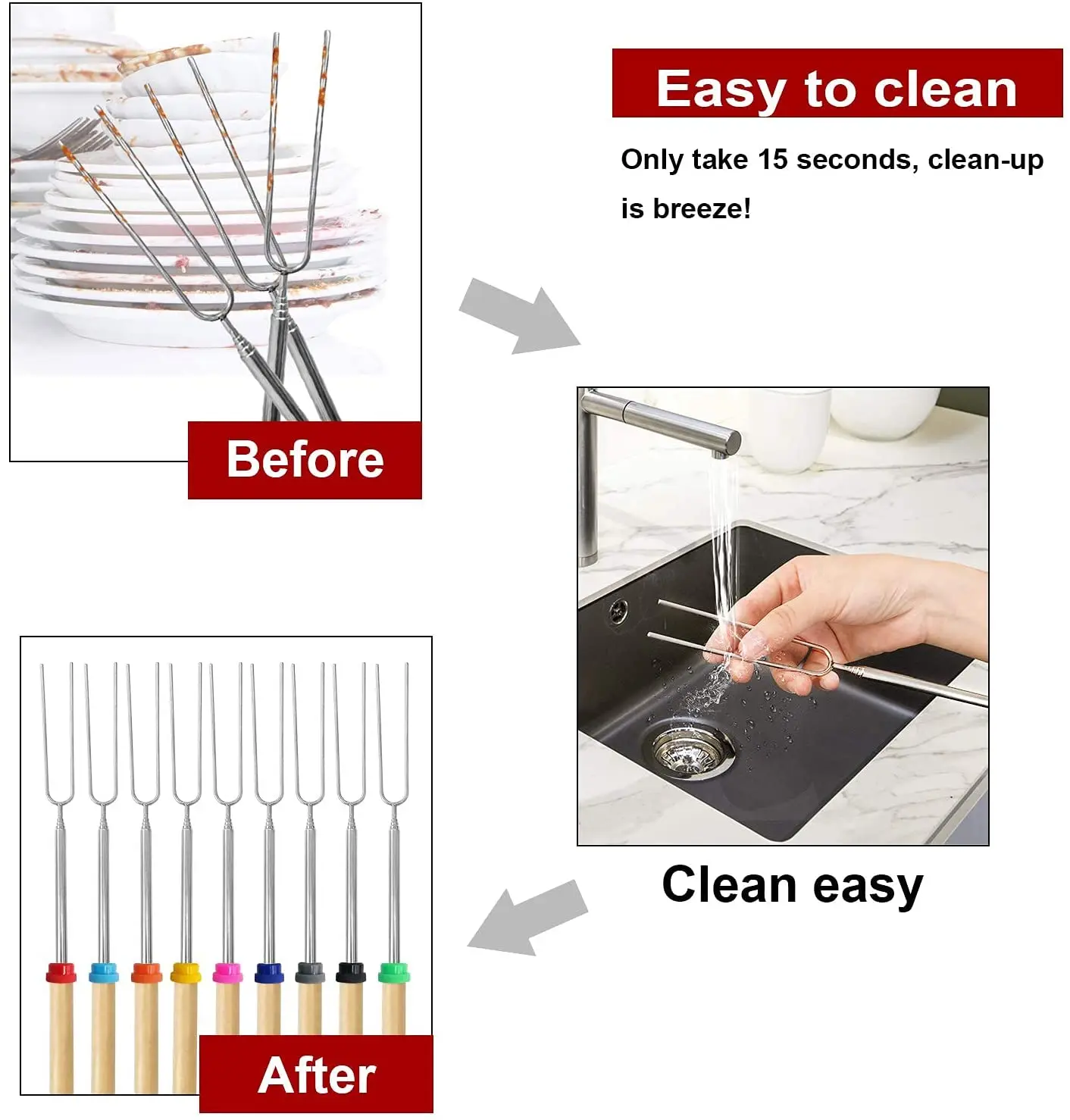 8pcs 32Inch Barbecue Fork Stainless Steel Marshmallow Roasting Stick Telescoping Smores Skewer for Hot Dog BBQ Picnic Camping