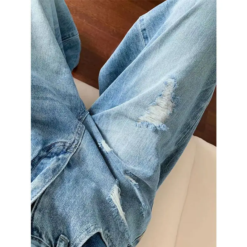 Jean en denim bleu rétro américain grande taille pour femme, nouvelle collection été, taille haute, coupe ample et droite, pantalon long fin
