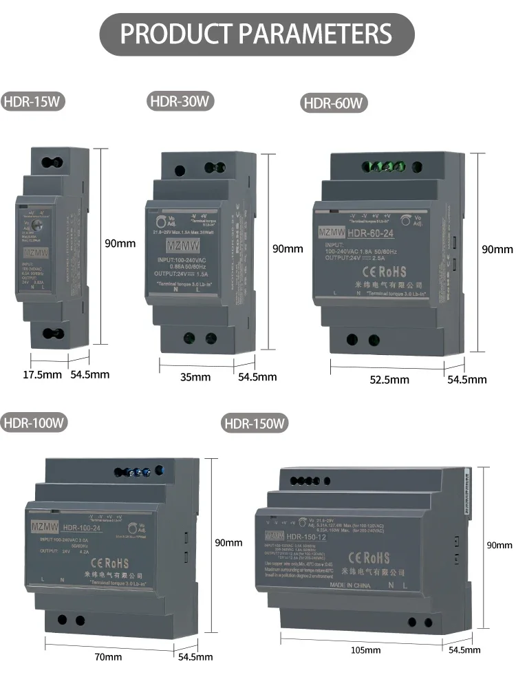 Description Picture 5 of itemHDR DIN Rail Switching Power Supply Series 30W AC To DC 100-240VAC 12V 24VDC Industrial Transformer Lighting Driver