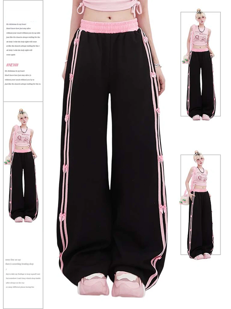 

Women's Black Gothic Striped Pants Harajuku Streetwear Sweatpants Jogger Y2k 2000s Aesthetic Bow Pants Vintage Trousers Clothes