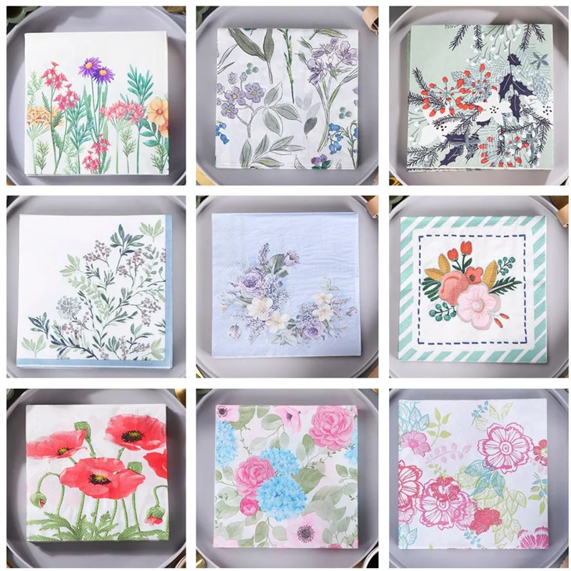 Disposable Tableware Paper Napkins 20Pcs/pack Plant Flower Printed Paper Disposable Tableware Napkin Tissues Wedding Party Decoration 33x33cm