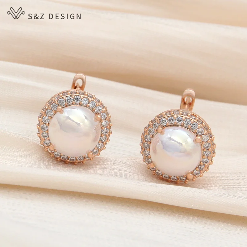 S&Z DESIGN New Fashion Round Simulated-pearl Drop Earrings For Women Elegant Wedding 585 Rose Gold Color Cubic Zirconia Jewelry