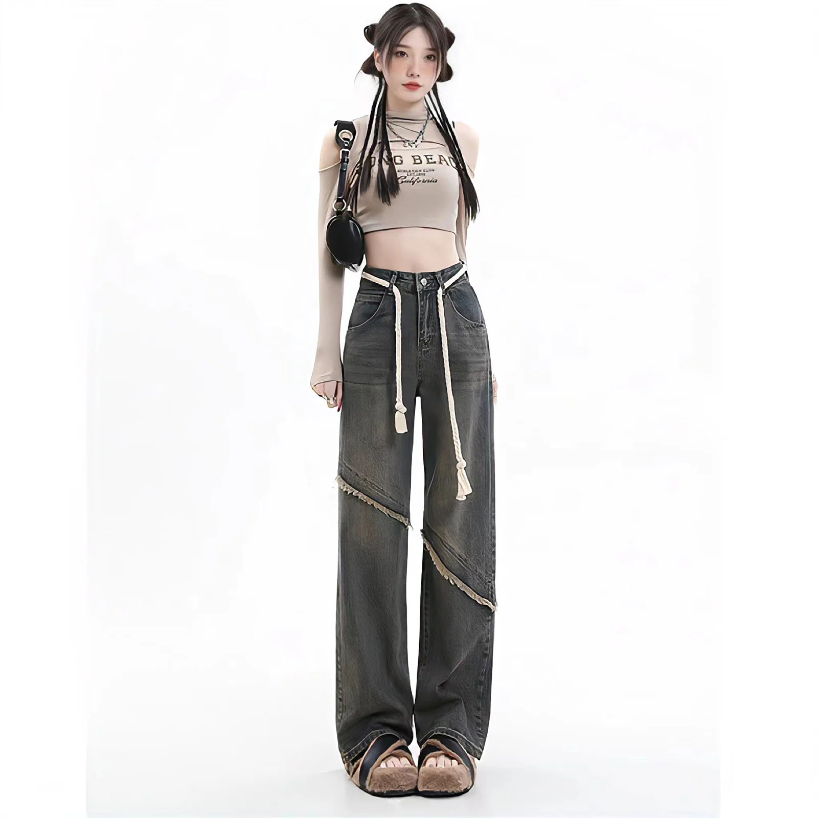 Y2k American Retro Design Raw Edge Lace-Up Pant Jeans Women Casual  High Waist Straight Leg Wide Leg Streetwear Fashion Trousers