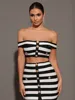 Women Summer Sexy Off Shoulder Striped Button Two Piece Mini Bandage Set 2024 Celebrity Designer Evening Party Women's Set 6