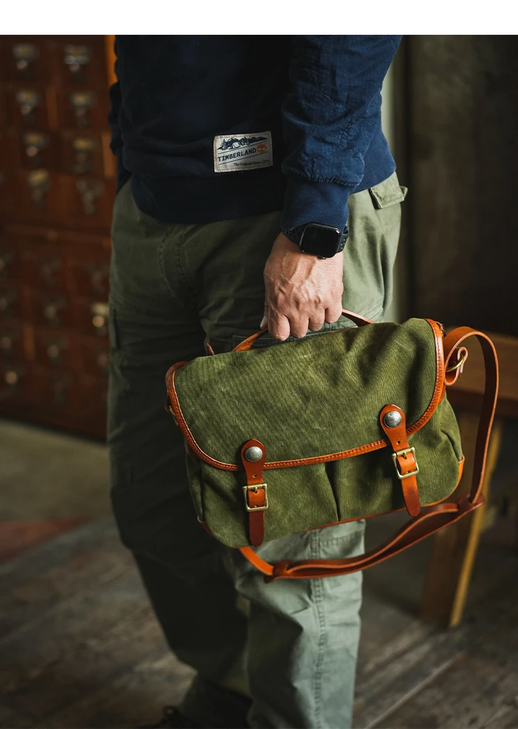 Modische Vintage Casual Luxus Canvas Erste Schicht Leder Herren Messenger-Tasche Business Outdoor Reise Designer Schultertasche – Detail 15