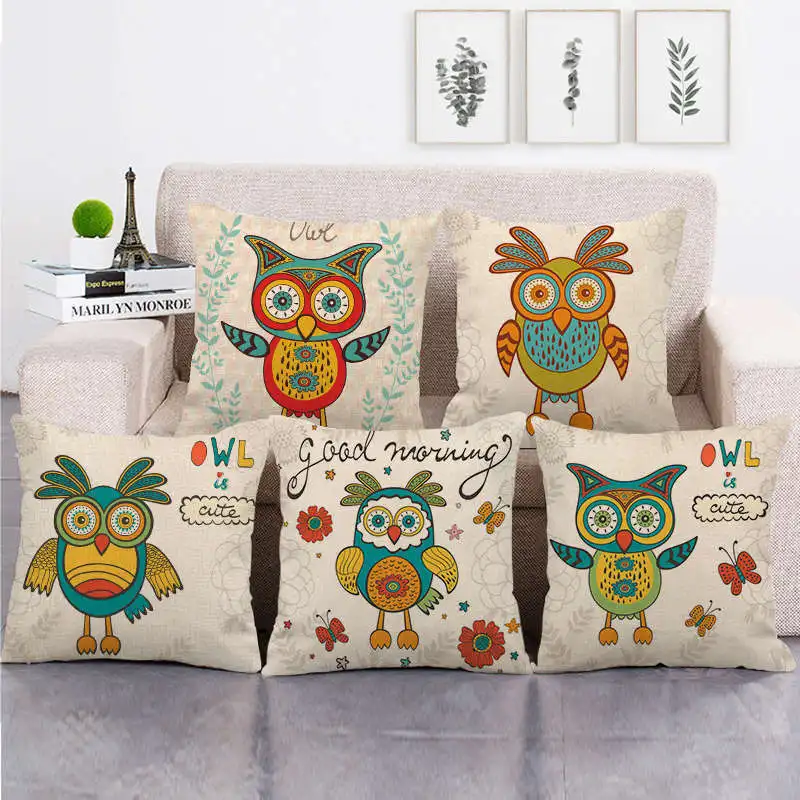 

Cute Owl Pillowcase Happy Owl Cotton Linen Pillows Case for Girls Room Bed Sofa Pillow Covers Boy Girl Kid Room Aesthetics 45x45