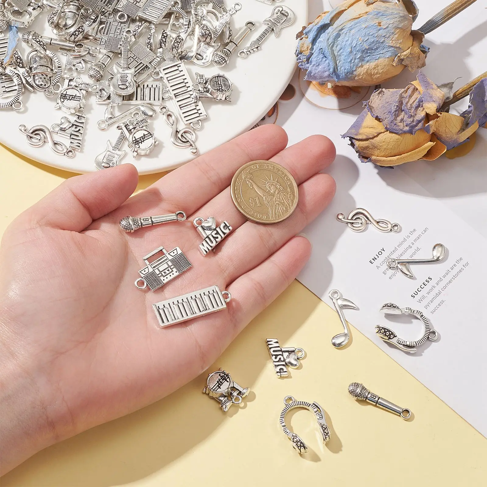 100Pcs 10 Styles Concert Theme Charms Tibetan Musical Instrument Charms Music Sign Guitar Charms for Jewelry Making Crafting