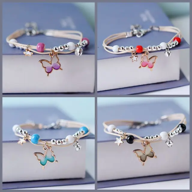 4 Bracelets élastiques Pour Filles - Licorne, Cœur, Papillon En Bois Coloré (lot De 4)