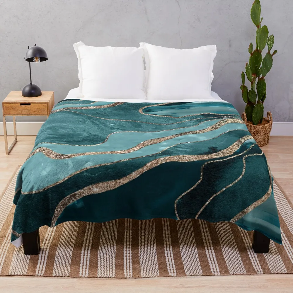 

Teal Blue Marble Agate Gold Glitter Glam #1 (Faux Glitter) #decor #art Throw Blanket Bed linens Polar blanket