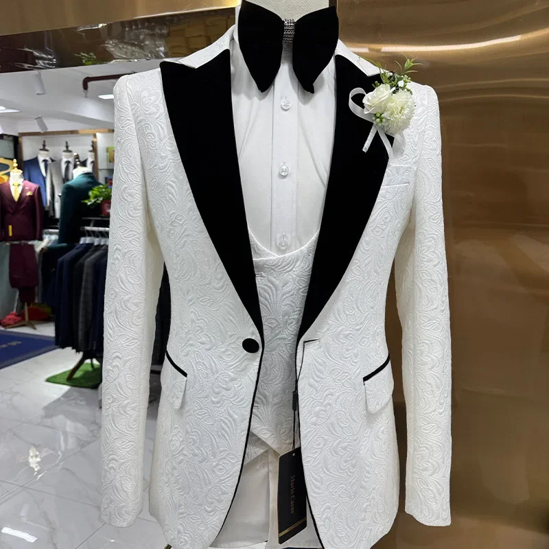Thorndike Mens Wedding Suits White Jacquard Black Satin Collar Tuxedo 3 Pcs Groom Terno Suits for Men Jacket+Vest+Pants