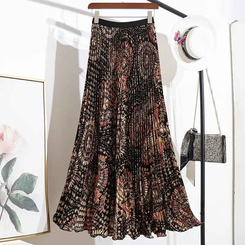 Urlaub 2026 Neue Sommer Damenmode Vintage Rock Hohe Taille Bedruckt Mittellang A-Linie Plissierter Großer Rock Vielseitig Kombinierbar – Detail 5