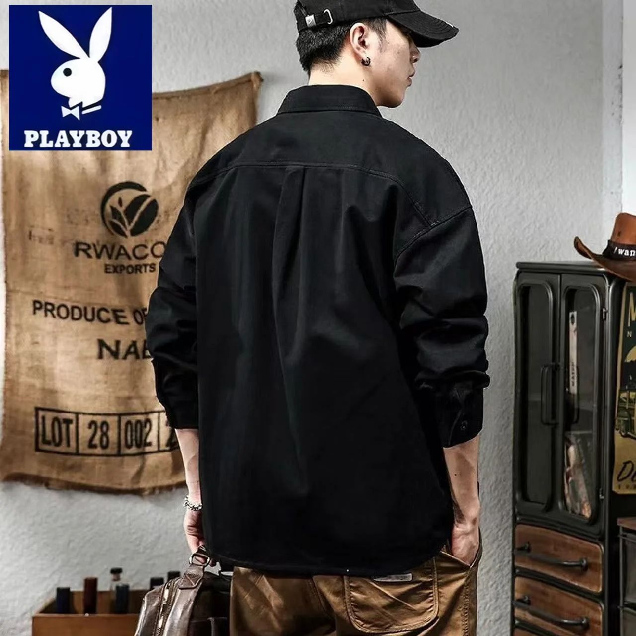 플레이보이 남성용 긴팔 작업복 재킷 심플하고 다재다능한 폴로 셔츠 코튼 따뜻한 형태 메모리 버튼업 캐주얼 아메리칸 스타일