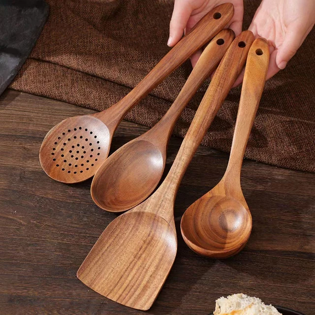 Ustensiles de cuisine en bois, 4 pièces, cuillères de cuisine en bois, outils en bois durables résistants à la chaleur pour la cuisson 1