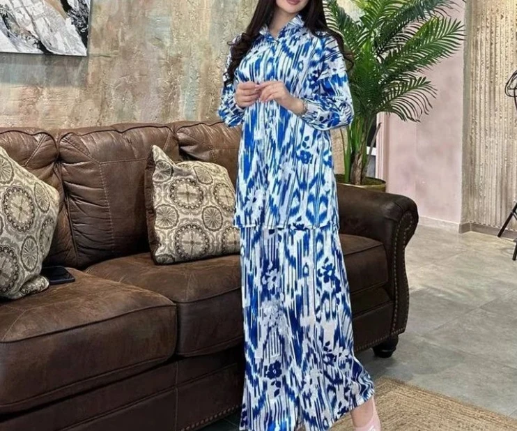 Pants Sets for Women 2024 Casual Style 2024 Spring Summer Vintage Loose Satin Printed Long Sleeved Wide Legged Women's Pants Set