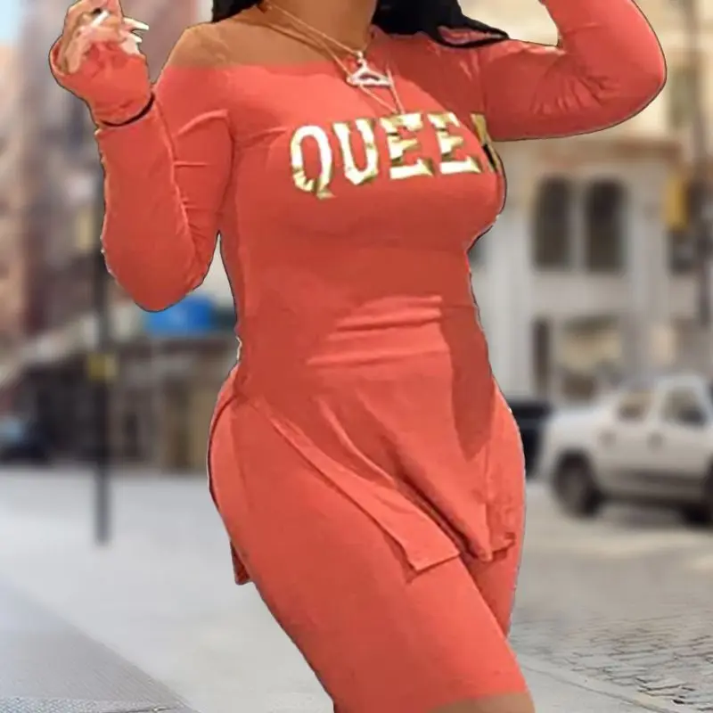 

Queen Letter Print Skew Neck Slit Top & Shorts Set Women Summer Spring Long Sleeve T Shirt Tee Tops High Waist Shorts Pants