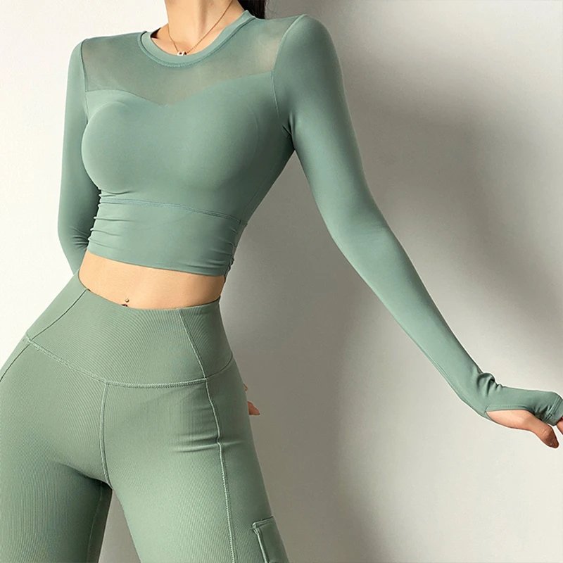 Sexy Net Yarn Patchwork Yoga Crop Tops Women Gym Fitness Running Long Sleeve Sport T Shirts Female Tight Dance Training Clothing