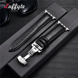 Premium Leather Watch Band with Butterfly Clasp - 42mm 44mm 45mm 49mm (Black - Silver)
