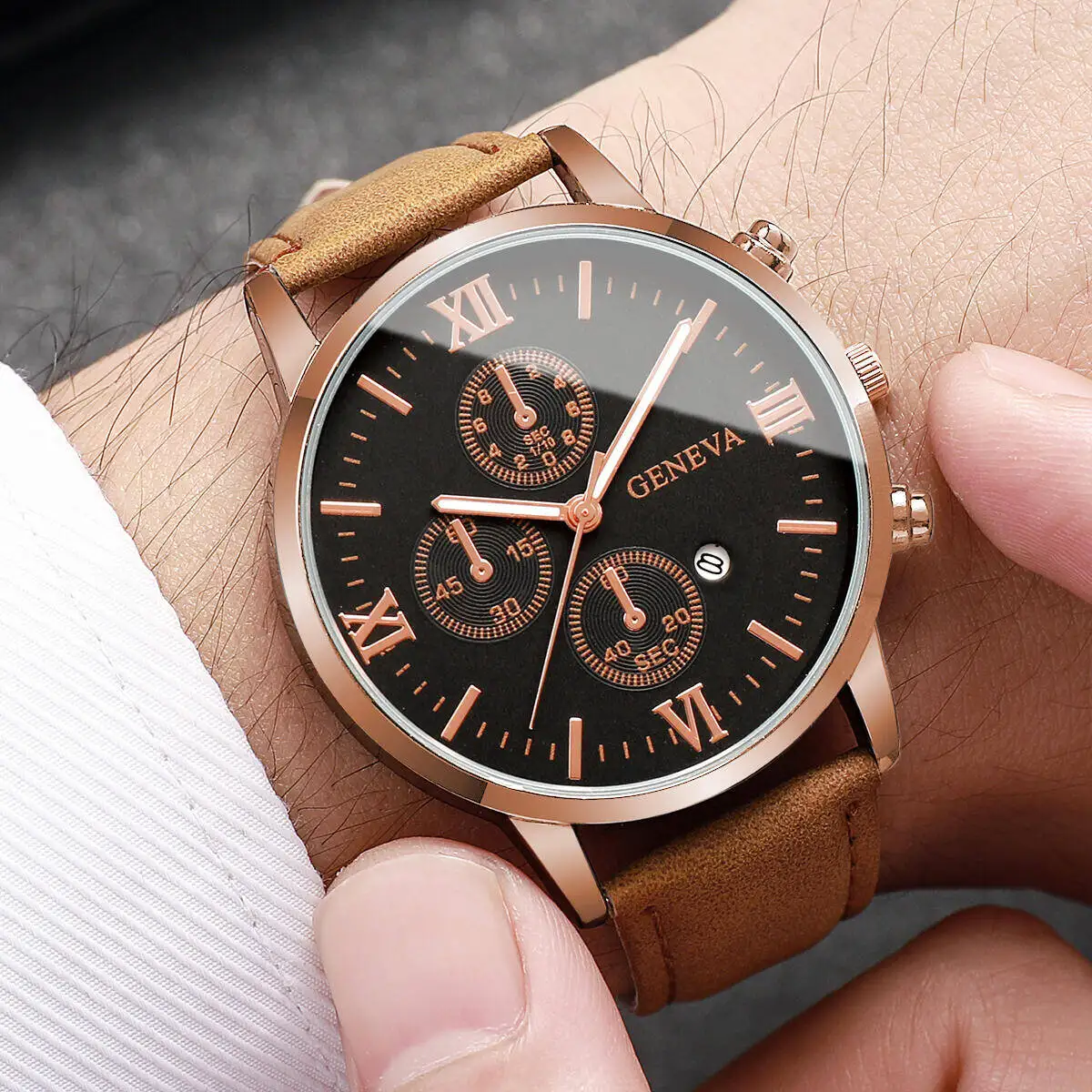 Fashion Roma Dial Men's Watch Casual Leather Strap Men Business Watches Analog Quartz Wristwatches with Calendar(Without Box)