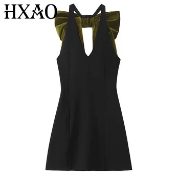 HXAO Dresses Sleeveless Black Mini Dress Women Summer Butterfly Knot Velvet Dress Backless Sexy Short Dresses Woman Party Dress 1