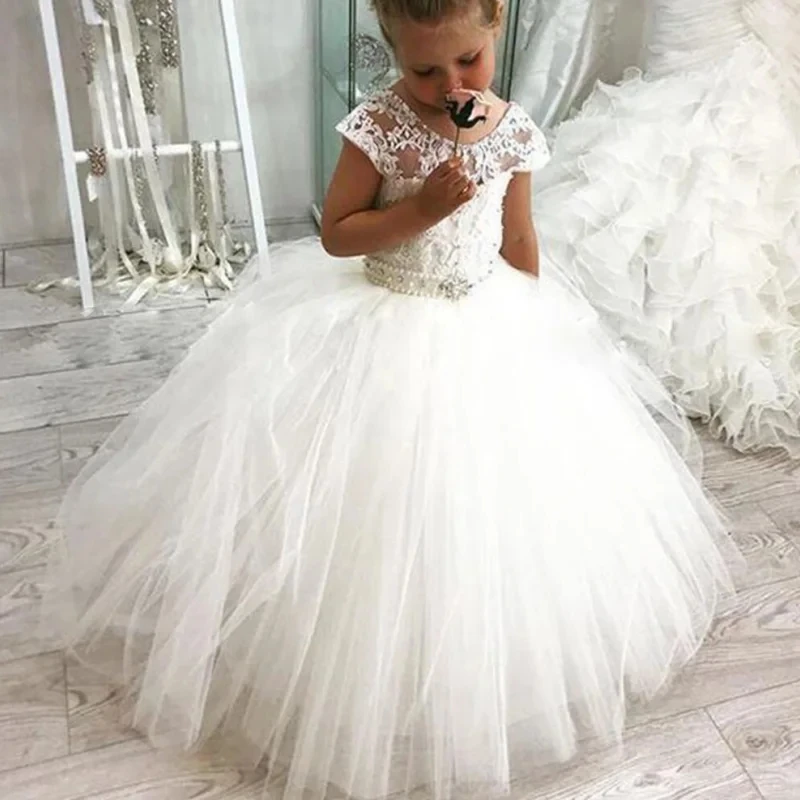 

Appliques Lace Princess Flower Girl Dress for Wedding Ball Gown Tulle Christmas Party Gown Puffy Jewel Belt First Communion Gown