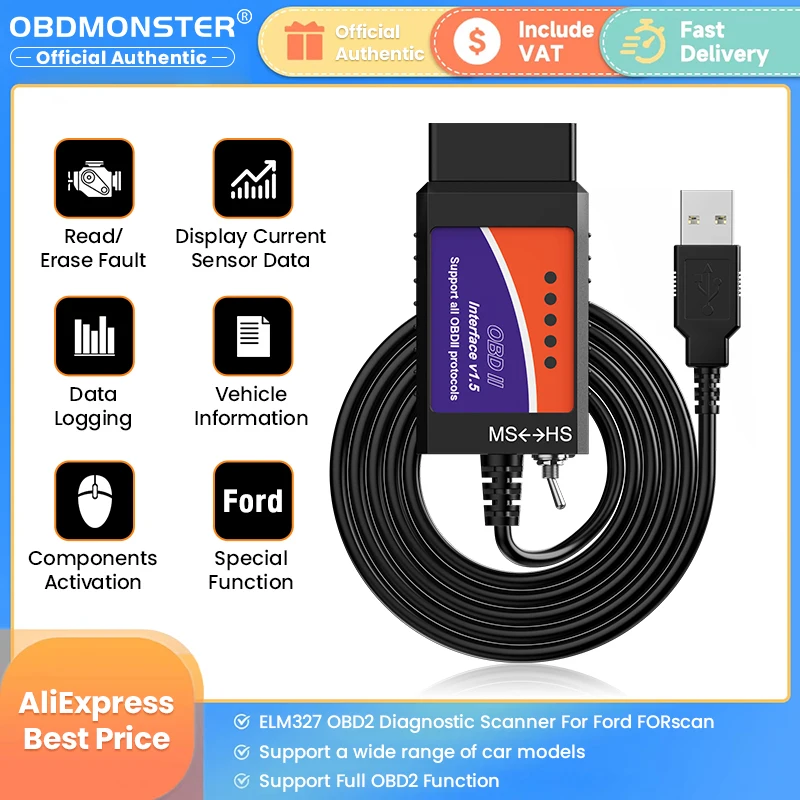 ELM327 FORscan Code Reader USB V1.5 Switch with PIC18F25K80 Chip HS/MS CAN OBD2 FORscan Diagnostic Scanner Tool For Ford