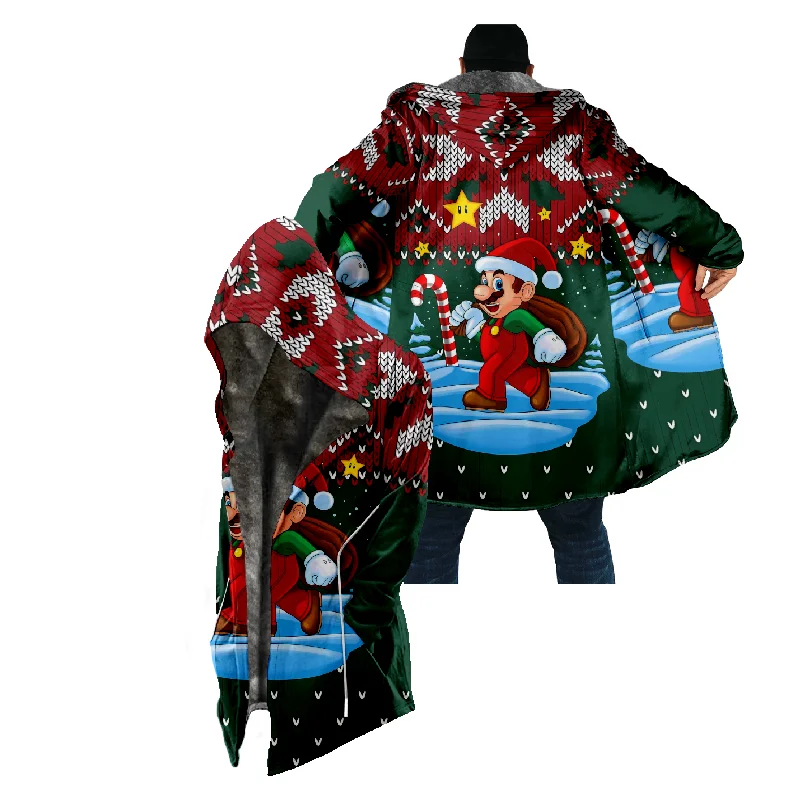 New Christmas Cotton Jacket Hooded Sweater Casual Print Men's Long Sleeve Standing Neck Half Zipper Sweater Cut Inside