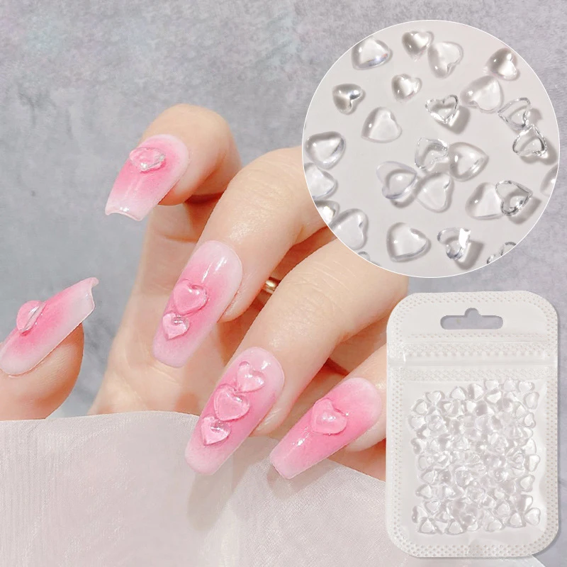 

100pcs Jelly Resin Heart 3D Nail Art Decorations Handmade Manicure Accessories Transparent Flat Bottom Love Drill Nail Jewelry
