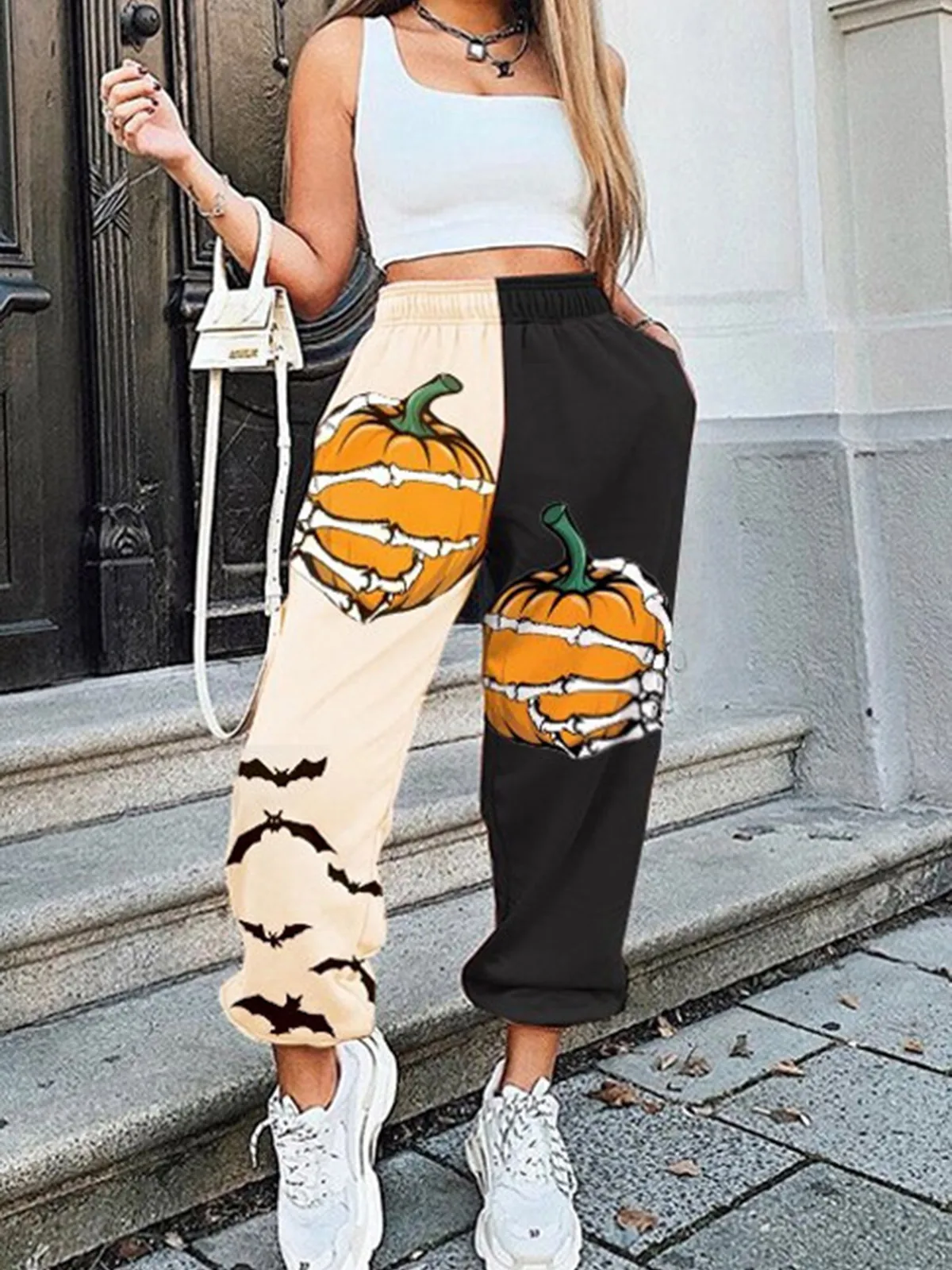 

Halloween Pumpkin Bat Skeleton Hand Color Block Elastic Waist Sweatpants Y2K Streetwear Women Hip Hop Sports Pants