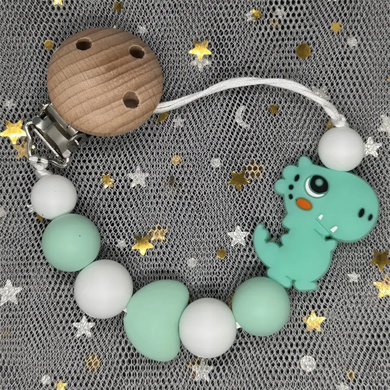 Baby Silicone Pacifier Clip Round Beech Dinosaur Beads Dummy Holder Clip for Teether Nursing Chew Toy Soothing Nipple Chain Gift