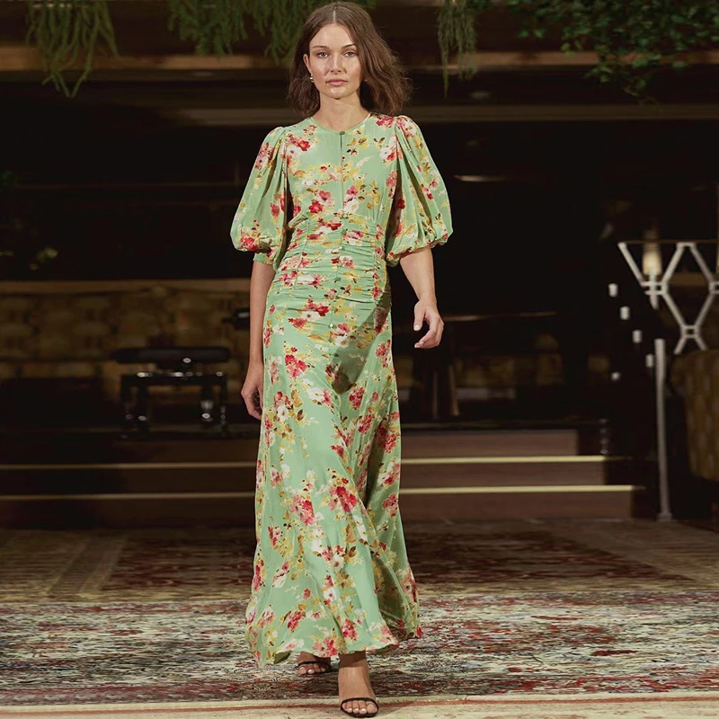

Fashion Women's Dress 2023 Summer New Green Floral Pleated French Long Dress Free Shipping
