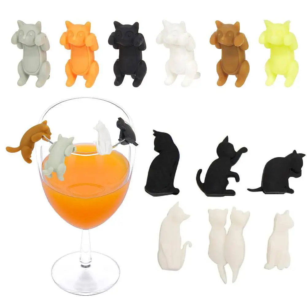 Wine Glass Markers 6pcs Silicone Cat Drink Cup Charms Tags Glass Cup Sign for Wedding Party Decorations Champagne Cocktail