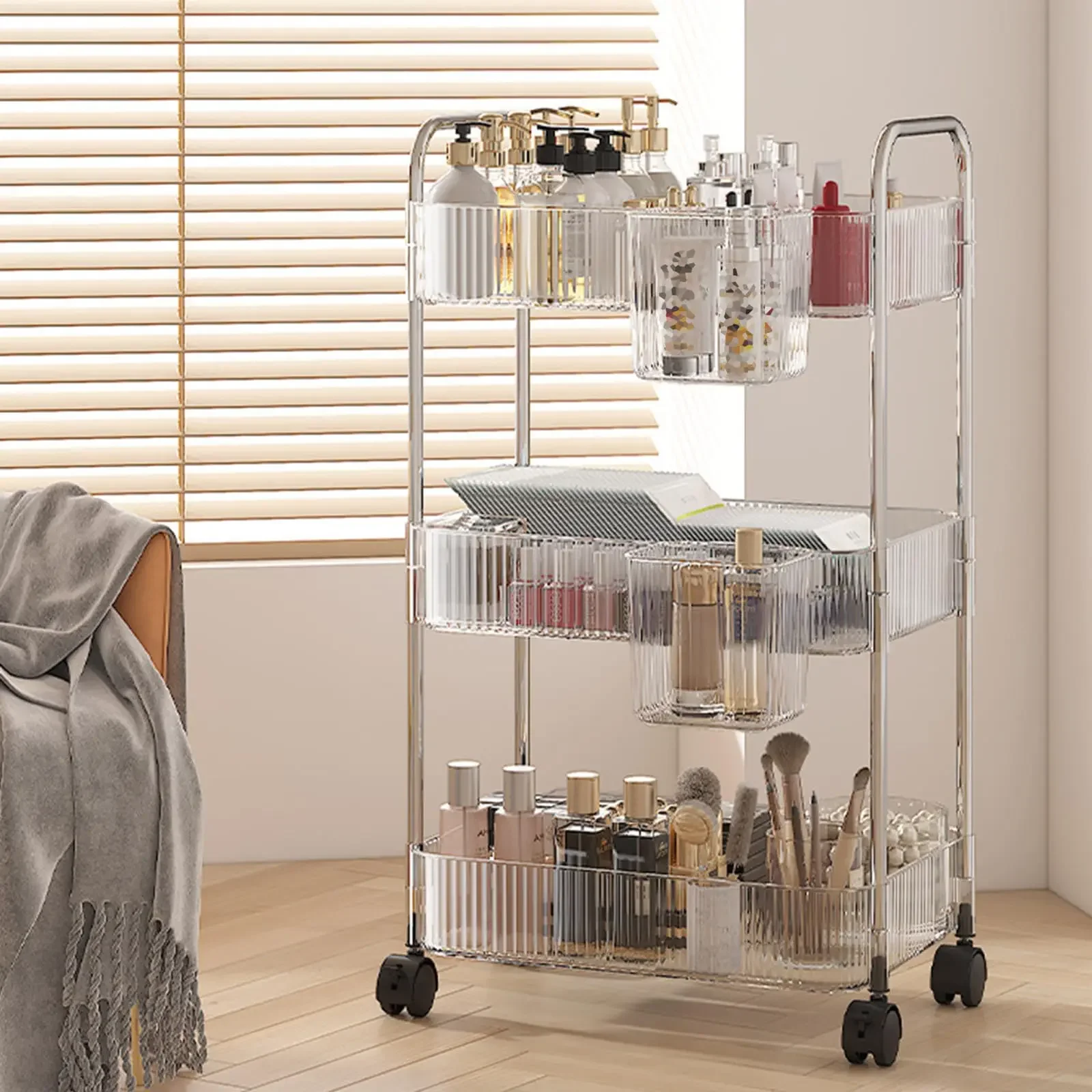 Light Luxury Storage Rack Trolley 2/3/4 Layers Transparent Acrylic Rolling Cart With Removable Hanging Baskets Snacks Bookshelf