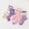 Spring Children's Socks Cute Cartoon Unicorn Pattern Cotton Socks Baby Girls Mid Calf  Socks  5 Pairs 1