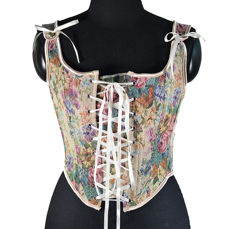 

French Court Corset Tops Women Vintage Bustiers Floral Pattern Tight Vest Drawstring Tie-up Tank Top Halter Camisole Bodyshaper