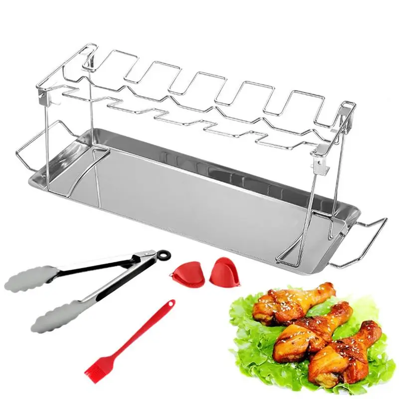 

Chicken Leg Rack 12 Slots Folding Stainless Steel Roaster Stand Chicken Grill Rack BBQ Accessories With Drip Pan For Smoker