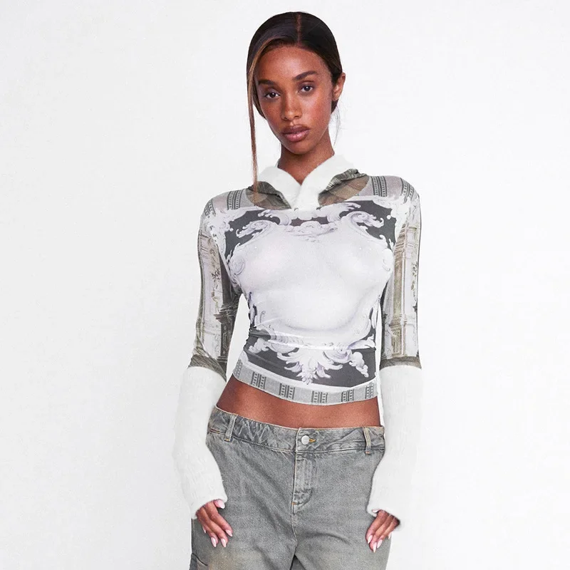 Description Picture 4 of itemLong Sleeve Graphic T Shirts For Women Slim Fit Streetwear Aesthetic Clothes Patchwork Camisetas Ropa De Mujer Hooded Crop Top