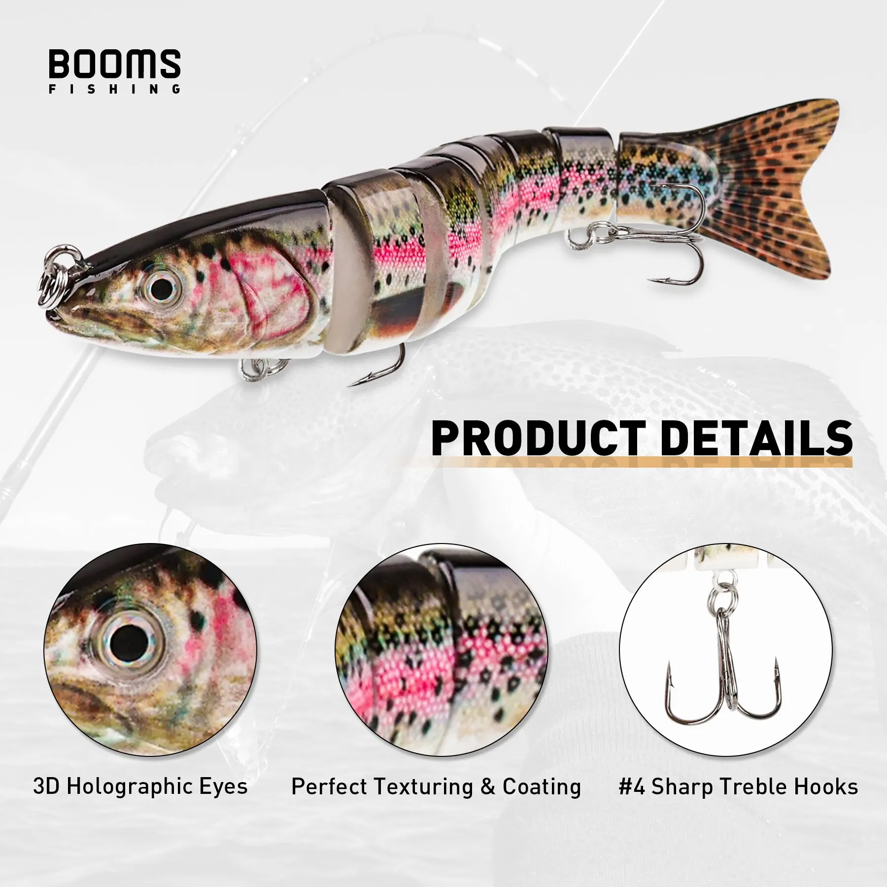 Booms Fishing MJ2 Hard Lures 10cm 29g Swimbait 7 Segment Artificial Bait  Hook Multi Jointed Wobblers for Pike Trolling Crankbait