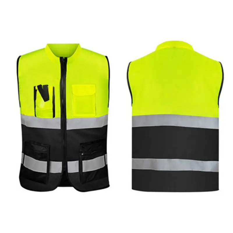 Reflective Vest Multi-pockets High Visibility Zipper Front Safety Vest with Reflective Strips K0AF