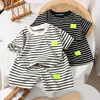 2Pcs Fashion Children Short Sleeve Shorts Sets Summer Kids Clothes Boys Baby Cotton Tee Pant Outfits Black and White Stripe 1